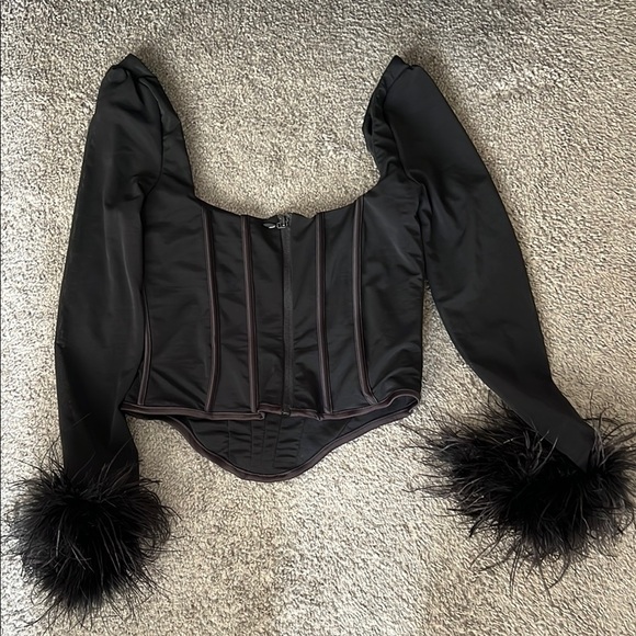House of CB Black Corset Top with Feather Cuffs - Picture 4 of 6
